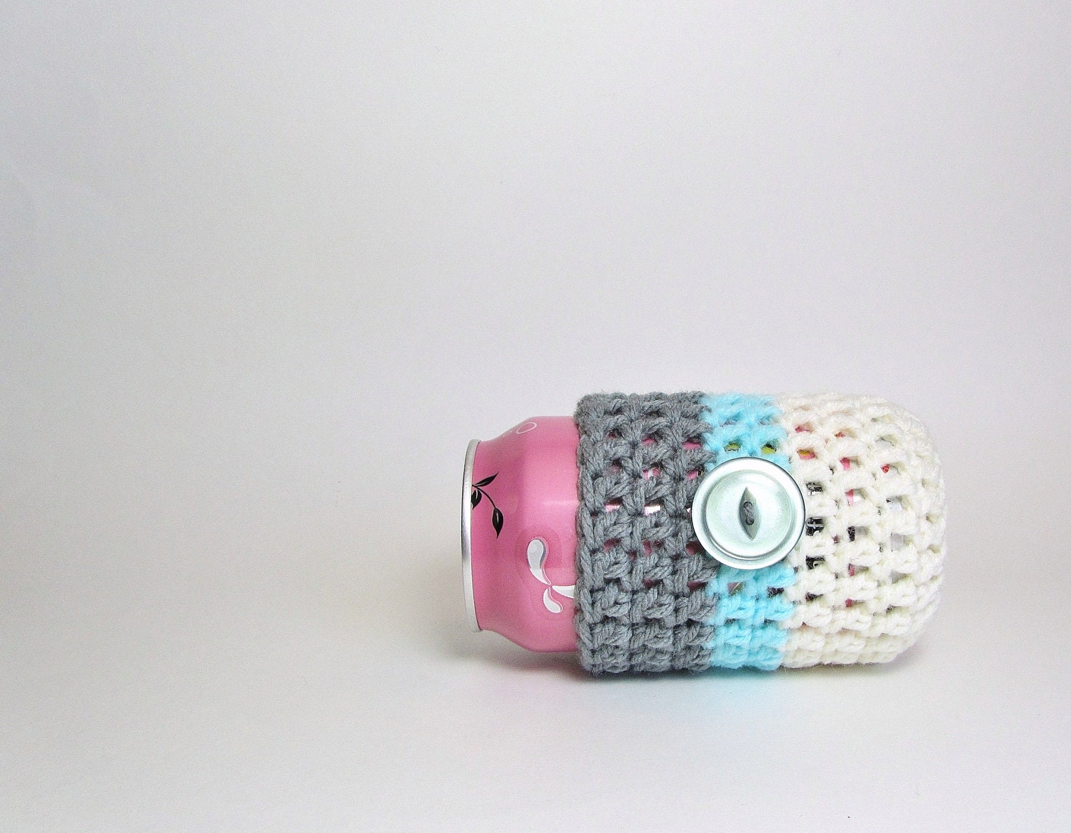 Soda Can Cozy Beer Bottle Koozie Beverage Holder Drink Cozee Cream White Gray Aqua Stripes Vintage Button Eco Friendly Office Desk Decor