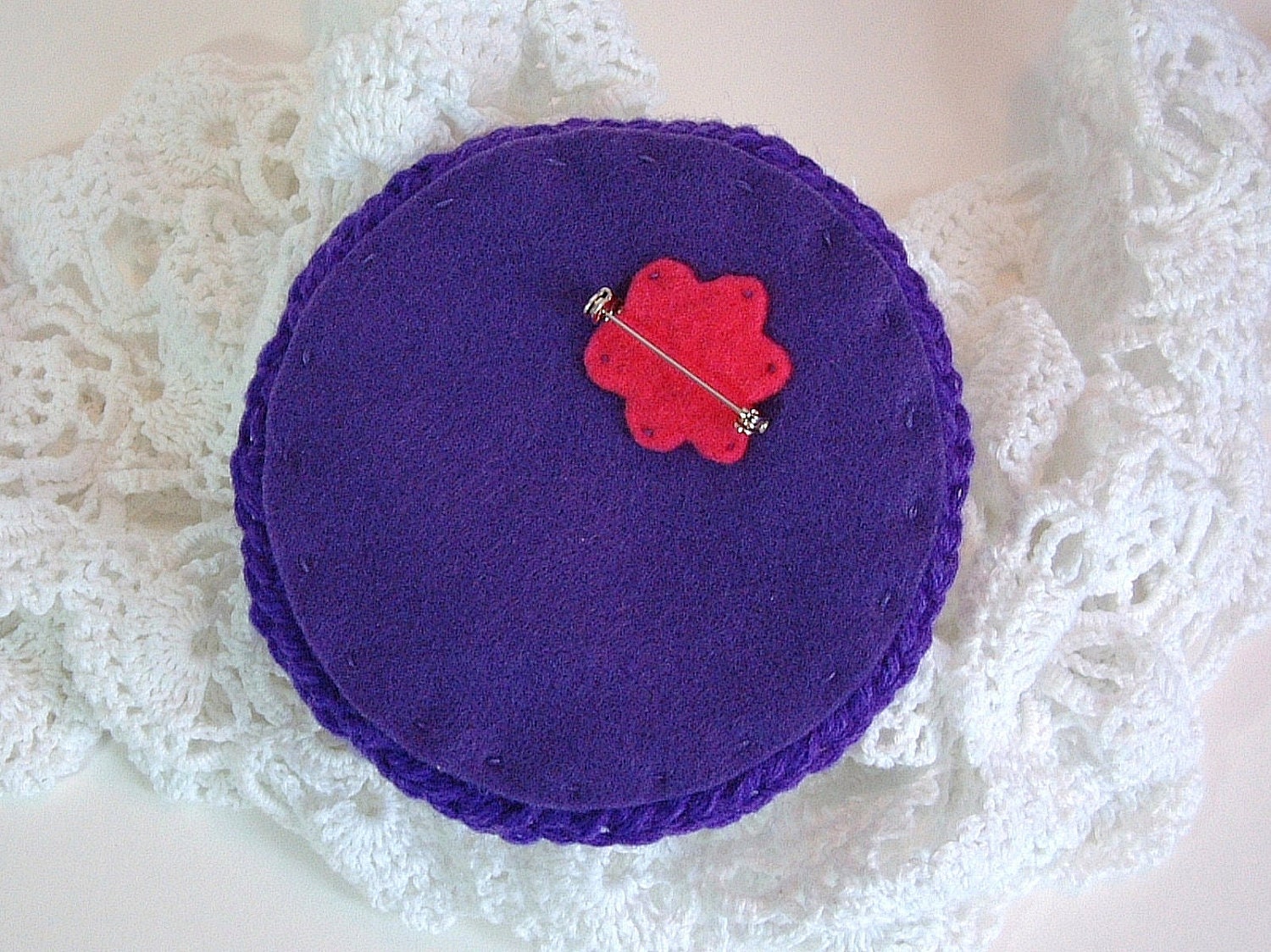 Circle Pin Crochet Jewelry Gemtones Brooch Fiber Medallion Amethyst Purple Ruby Red Emerald Green One of a Kind OOAK ON SALE