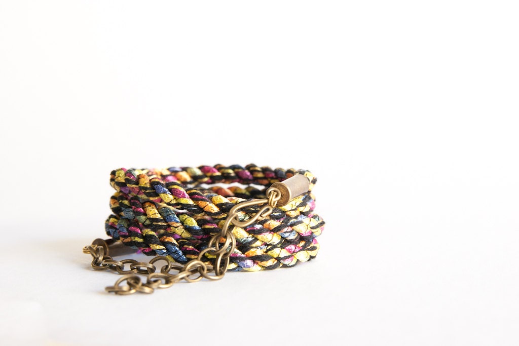 Braided wrap bracelet - black neon textile brass multicolor