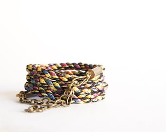 Braided wrap bracelet - black neon textile brass multicolor
