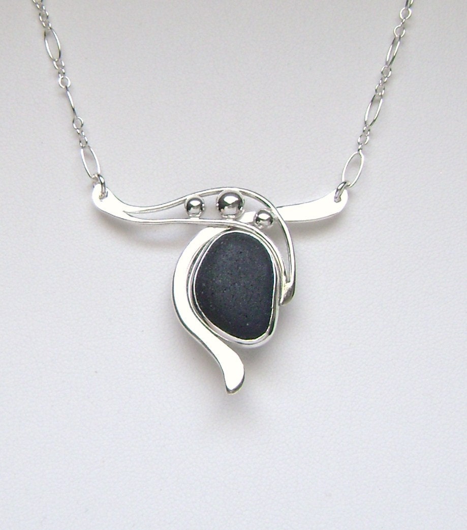 Sea Glass Jewelry -Sterling Rare Black English Sea Glass Necklace