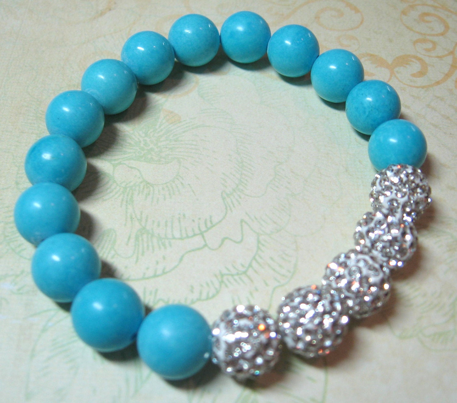 Turquoise and Crystal Clay Pave Bead Stretch Bracelet