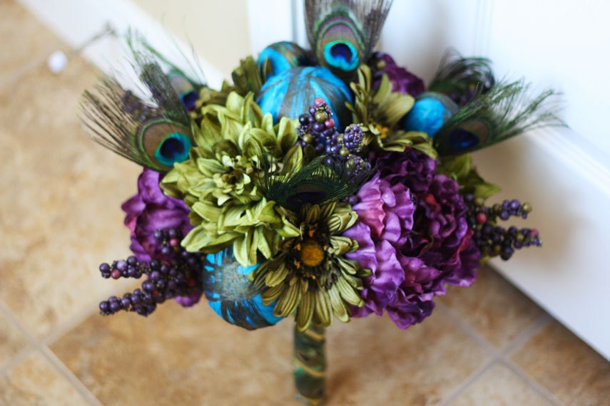 Peacock Wedding Bouquet - Peacock Feathers Plum, Green, Teal Bridal Bouquet - Made to Order