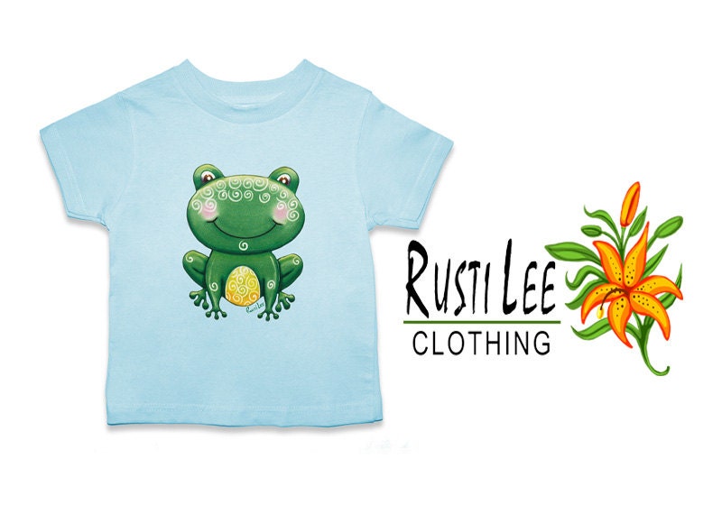 Cute Green FROG on Blue Short Sleeved TShirt Toddler Size (2T 3T 4T)