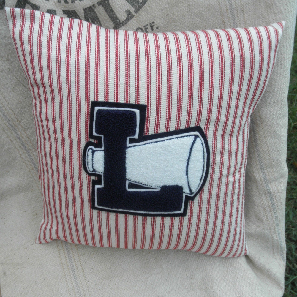 Vintage Varsity Letter Pillow, Varsity Letter L, Mattress Ticking Down Pillow