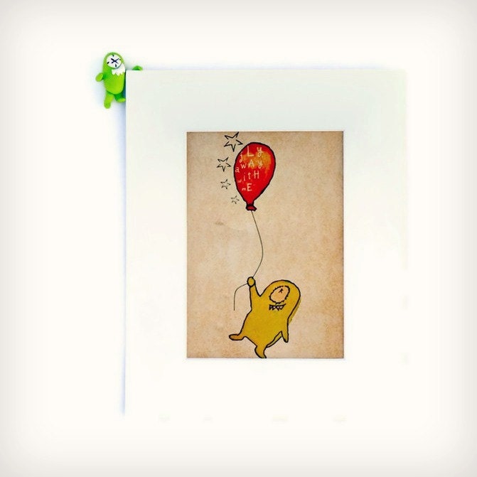 Cute Monster Art, Children Decor, Children Art, 5x7, Monster On a Balloon
