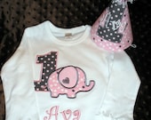 Elephant Birthday Shirt and Hat Pink and Gray