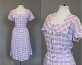 Dress Vintage 50s 60s Plaid Day Dress Cotton 1950s 1960s Shirt Dress Purple and Gold  M L
