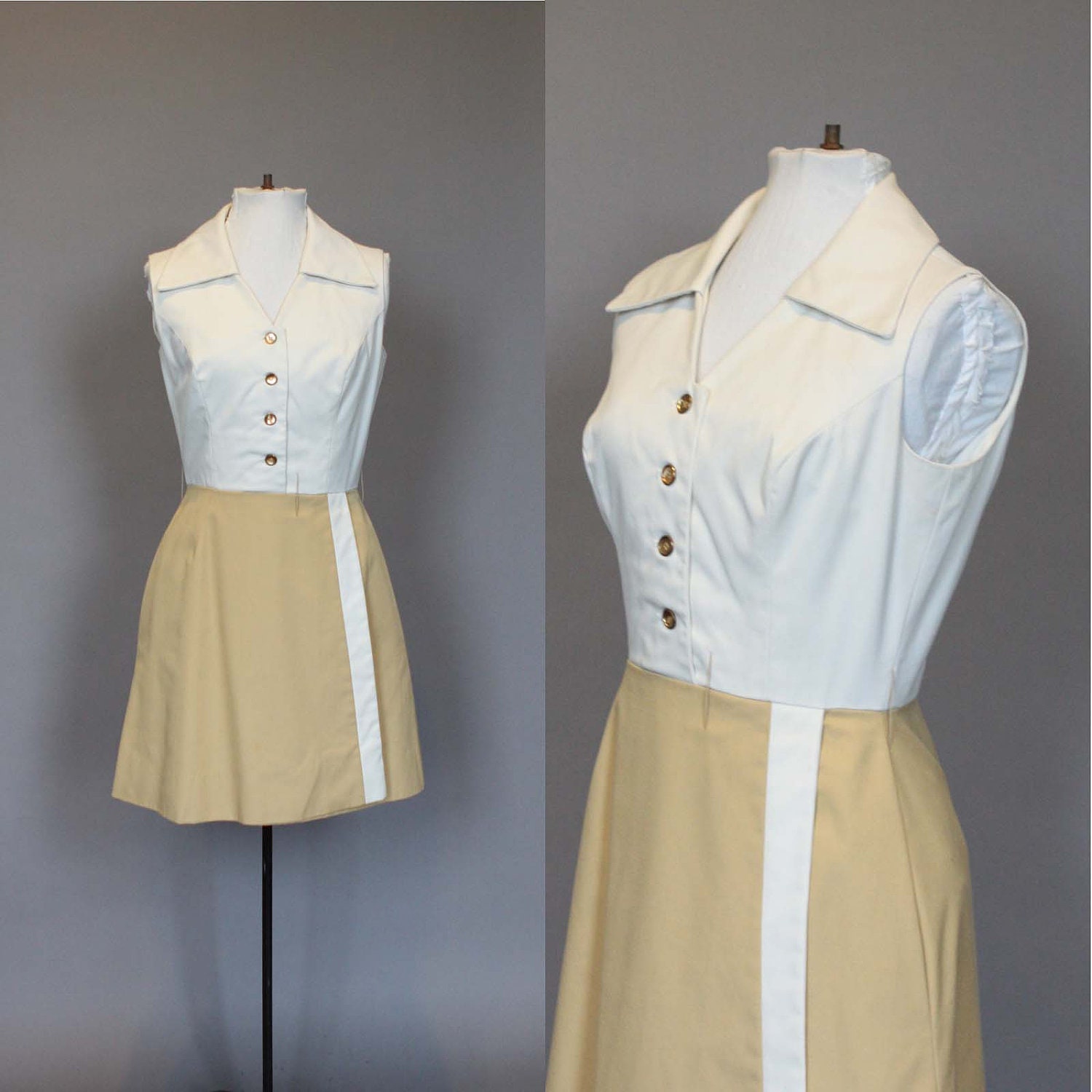 Vintage Dress 60s 1960s Mod Mini Sleeveless Tan and Off White Summer Day Dress S M