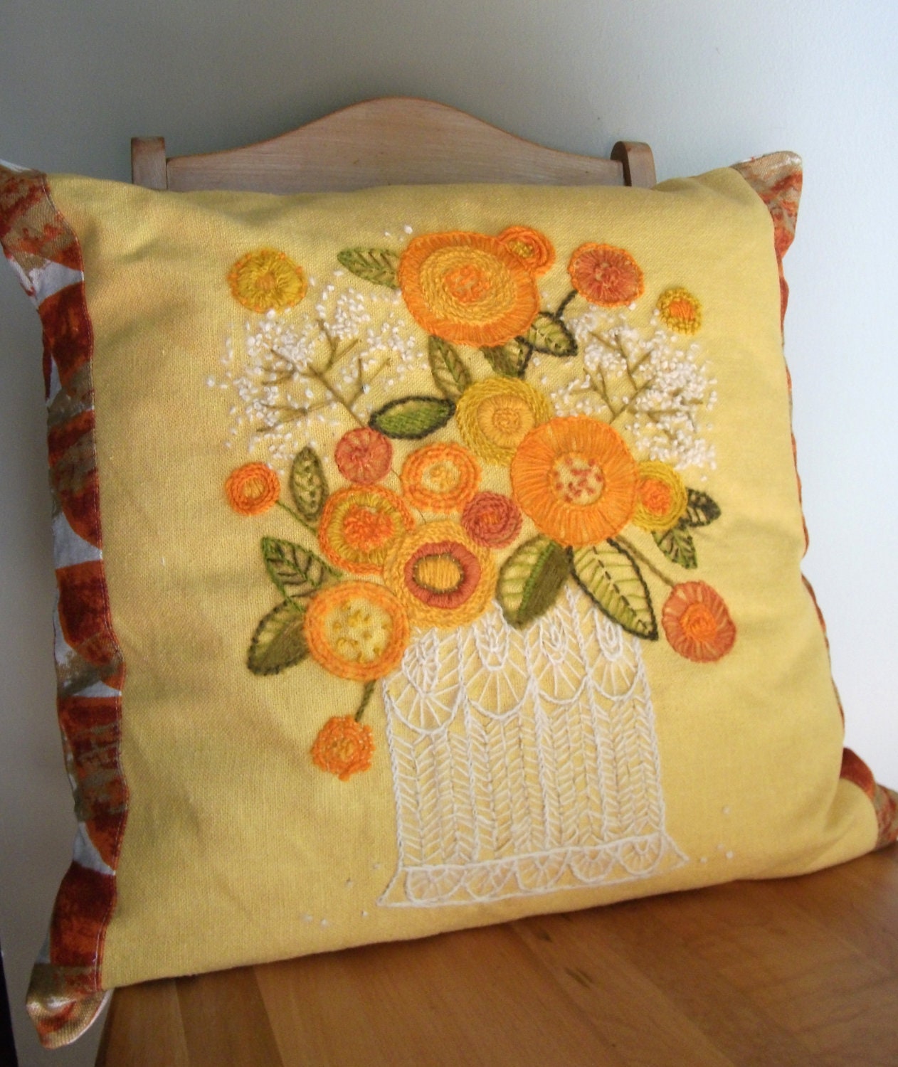 Handmade Vintage Embroidered Fabric Throw Pillow - Sunset Bouquet