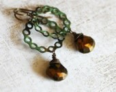 Verdigris Pyrite Earrings - Rustic Brass Hoops, Dangle, Teal Blue Green, Wire Wrapped Pyrite Gemstones, Christmas Wreath