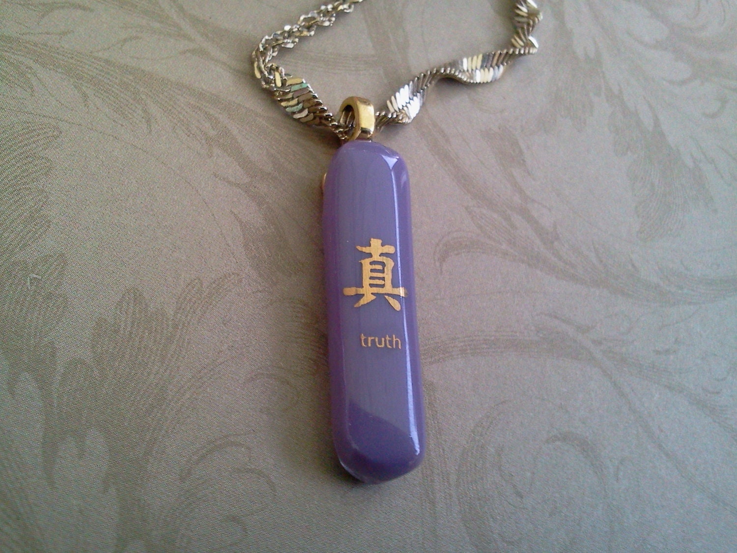 Fused Glass Necklace with 22 Karat Gold Truth Symbol and Word, Purple Glass, SRAJD