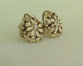 vintage screw on earrings (goldtone off white enamel rhinestone)