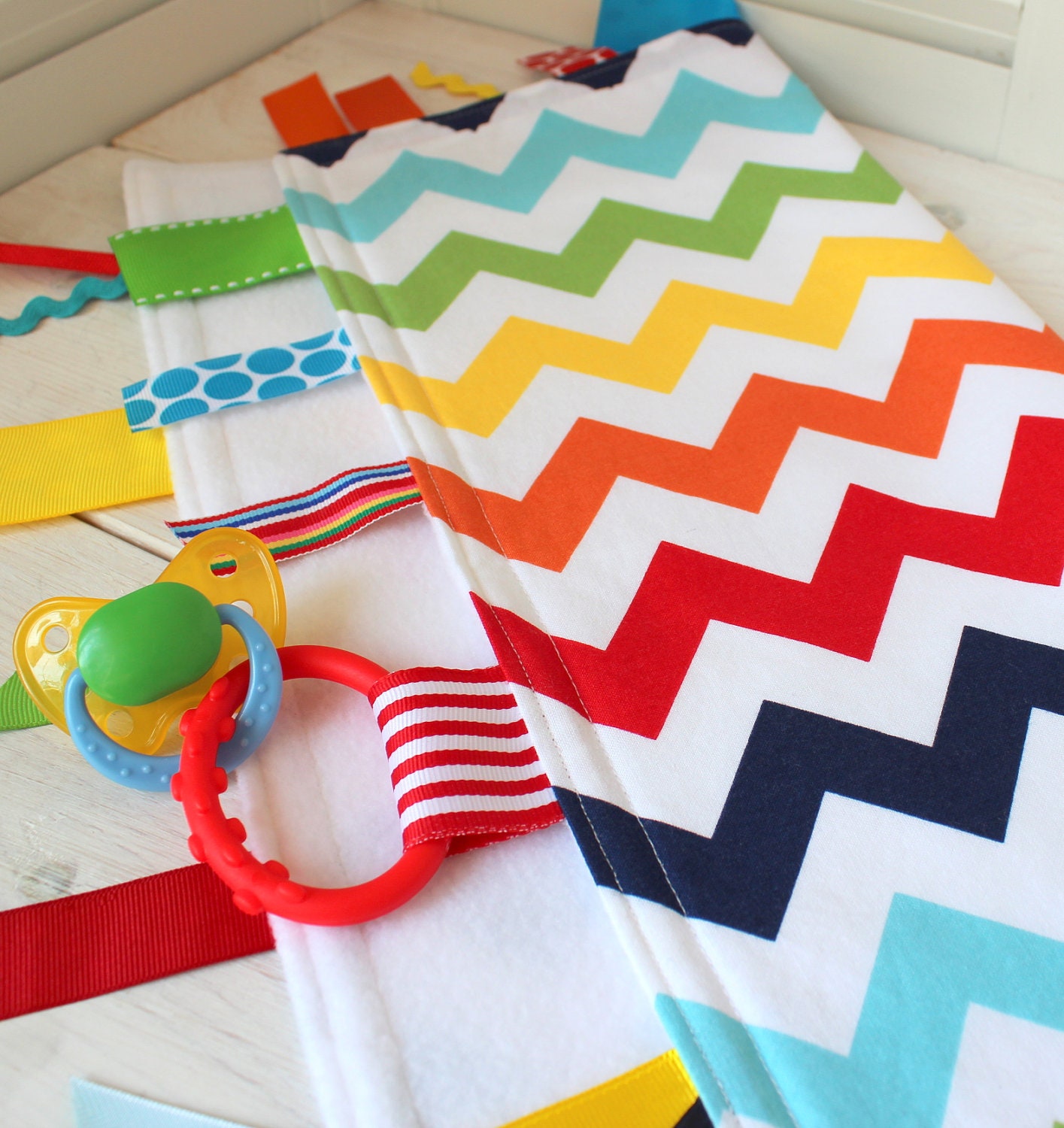 Ribbon Tag Lovey - Gender Neutral Blanket - Chevron Zig Zag - Rainbow