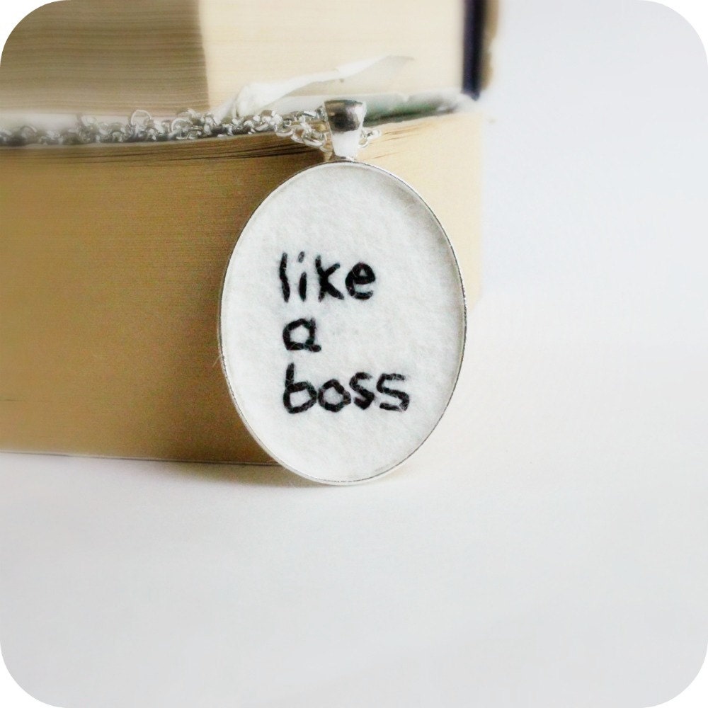 Boss Necklace hand embroidered black white silver plated felt