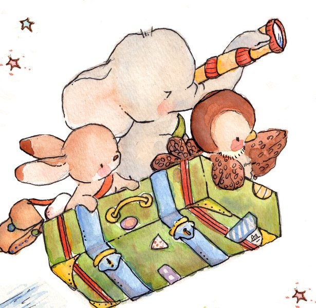 Children Art Print. Traveling Out of a Suitcase. PRINT 8X10. Nursery Art Home Decor