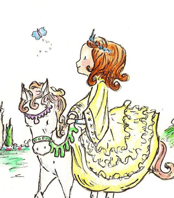 Children Art Print. A Princess and her Pony-AUBURN. PRINT 8X10. Nursery Art Home Decor