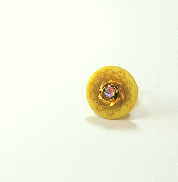 Sunny Yellow Adjustable Button Ring - Summer Cocktail Statement Ring