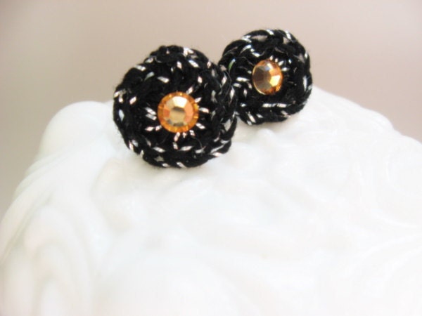 Hand Crocheted Metallic Silver and Black Yarn with Topaz Crystal Post Earrings - Black, Silver, and Topaz Crystal Petite Post Earrings