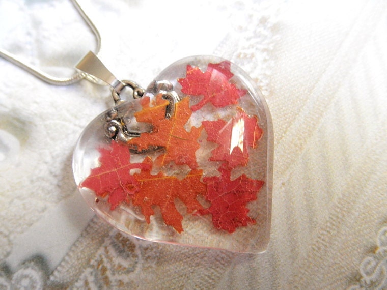 Falling Leaves-Glass Heart Pendant With Miniature Maple and Oak Leaves Cut From Real Autumn Oak & Maple Leaves-Symbol for Canada