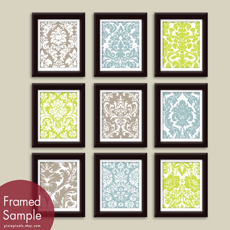 Damask Patterns Prints (Series A) Set of 9 - 8x10 Art Prints - Featured in Truffle Brown, Slate Blue and Celery