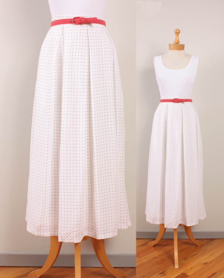 1980s Pleated Midi Skirt / Cream / Off White & Navy Blue Polka Dot Print Rayon - Womens M / L - High Waisted Long Flowy Polka Dots 80s Skir