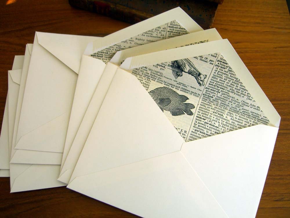 Writers envelopes  lined with  vintage dictionary paper.  A7 set of 8.  Words and engraved images.