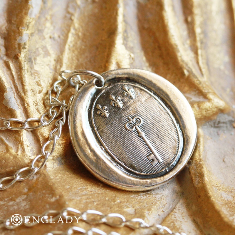 Skeleton Key and Fleurs de Lis Wax Seal Necklace - Fine Silver, Sterling Silver