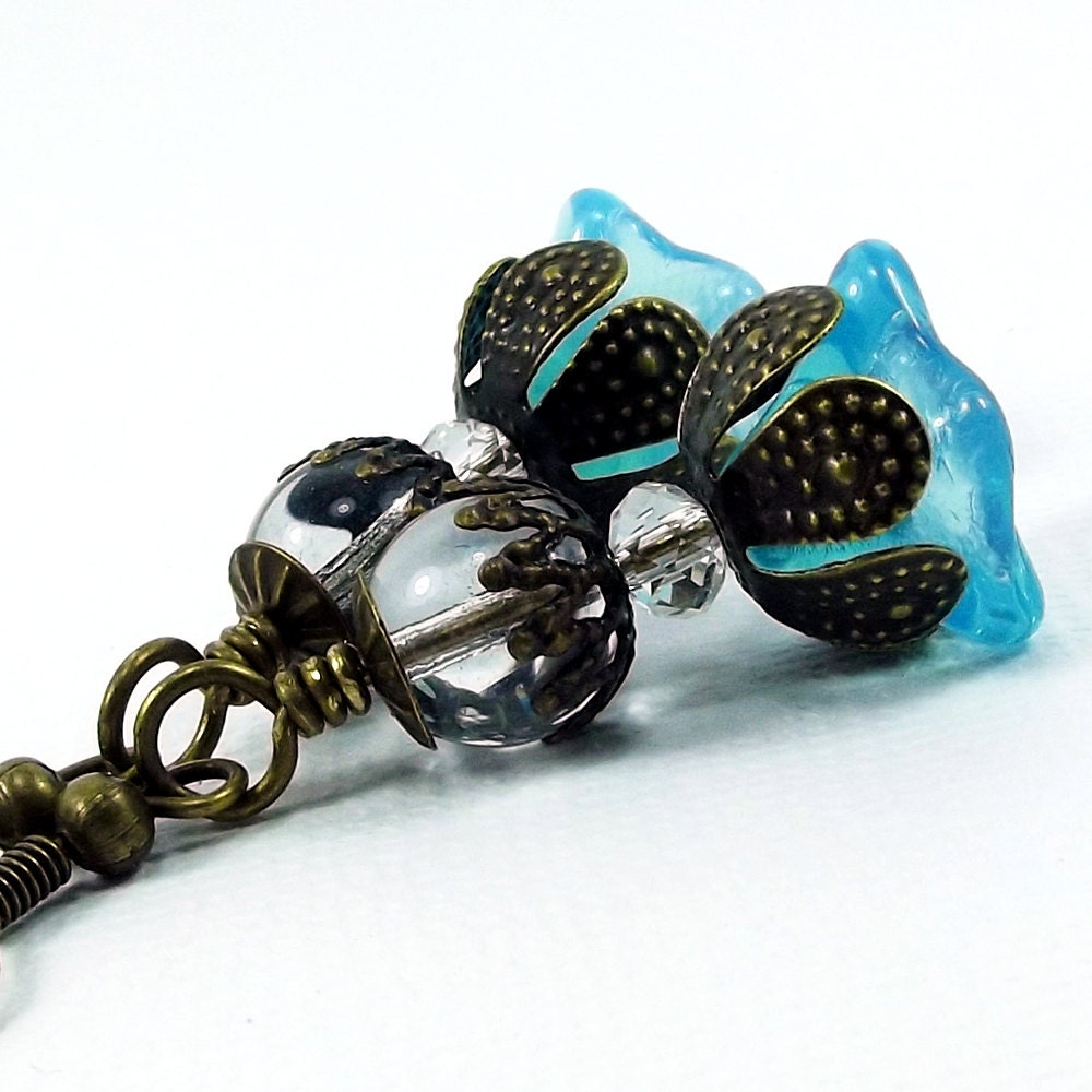 Vintage Style Handmade Aqua Blue Trumpet Flower Earrings & Clear Czech Glass Rounds