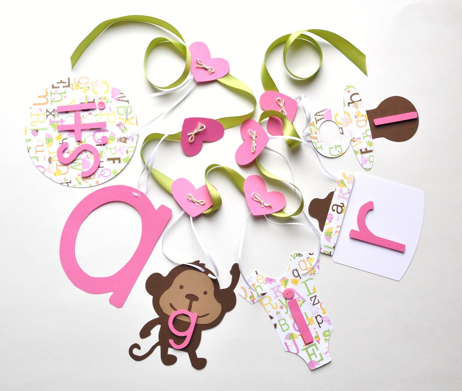 Monkey baby shower decorations it's a girl banner in pink and green by ParkersPrints on Etsy Il_170x135