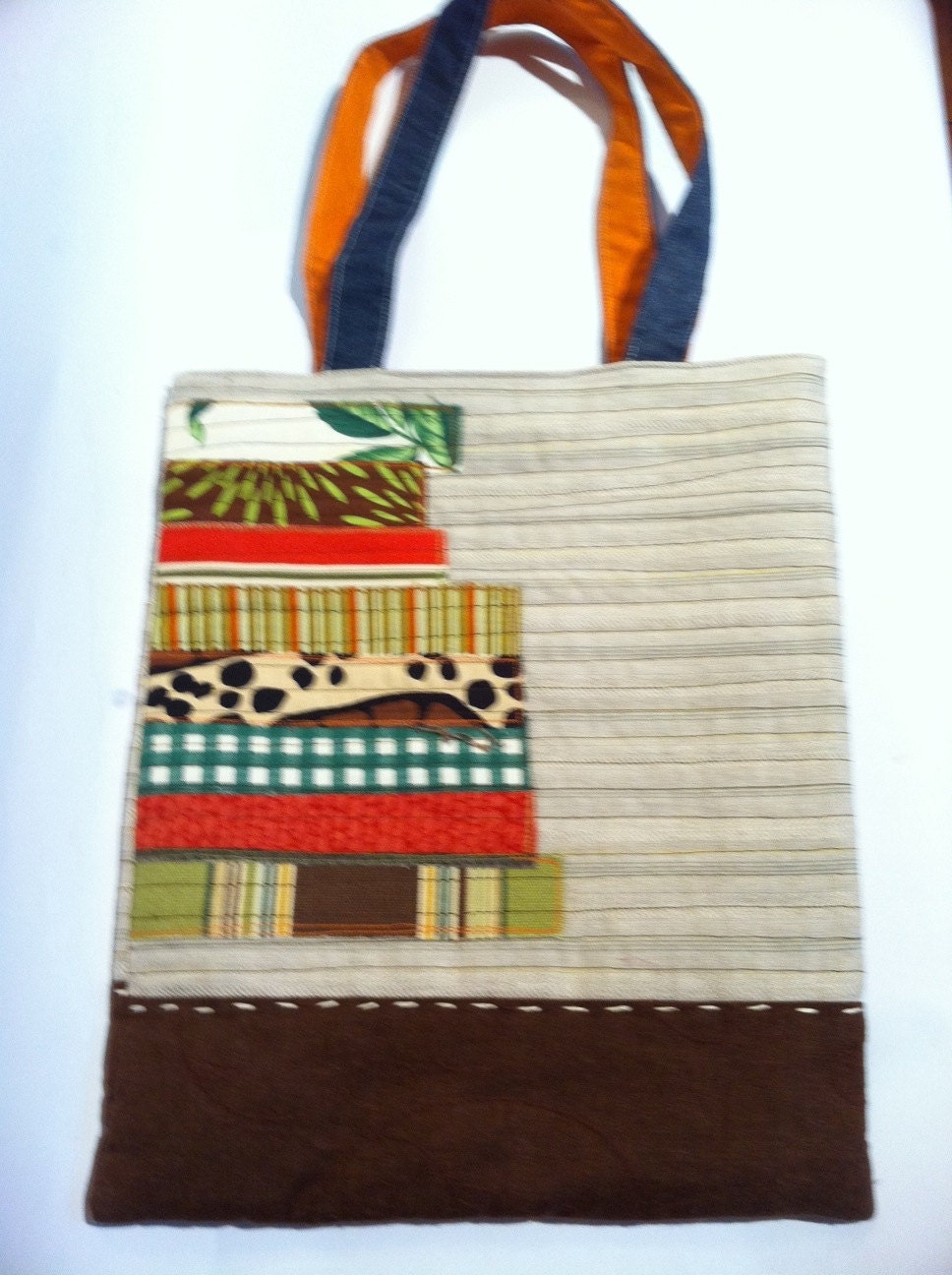 Brown, orange, and green quilted patchwork tote.  Zakka Japanese inspired purse.  Handmade.  Reversible.