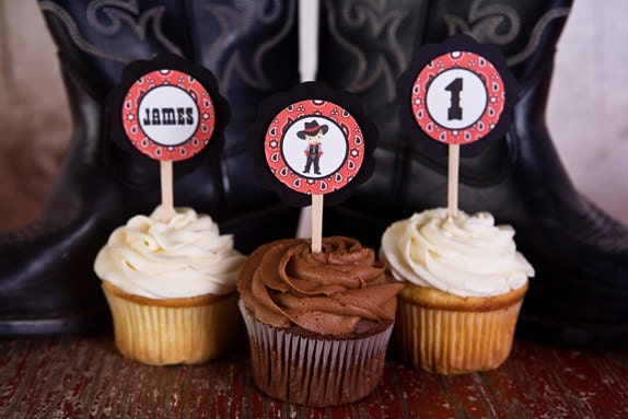 Cowboy Theme Cupcake Toppers, Western Theme Happy Birthday Party Decorations in Red & Black Il_570xn