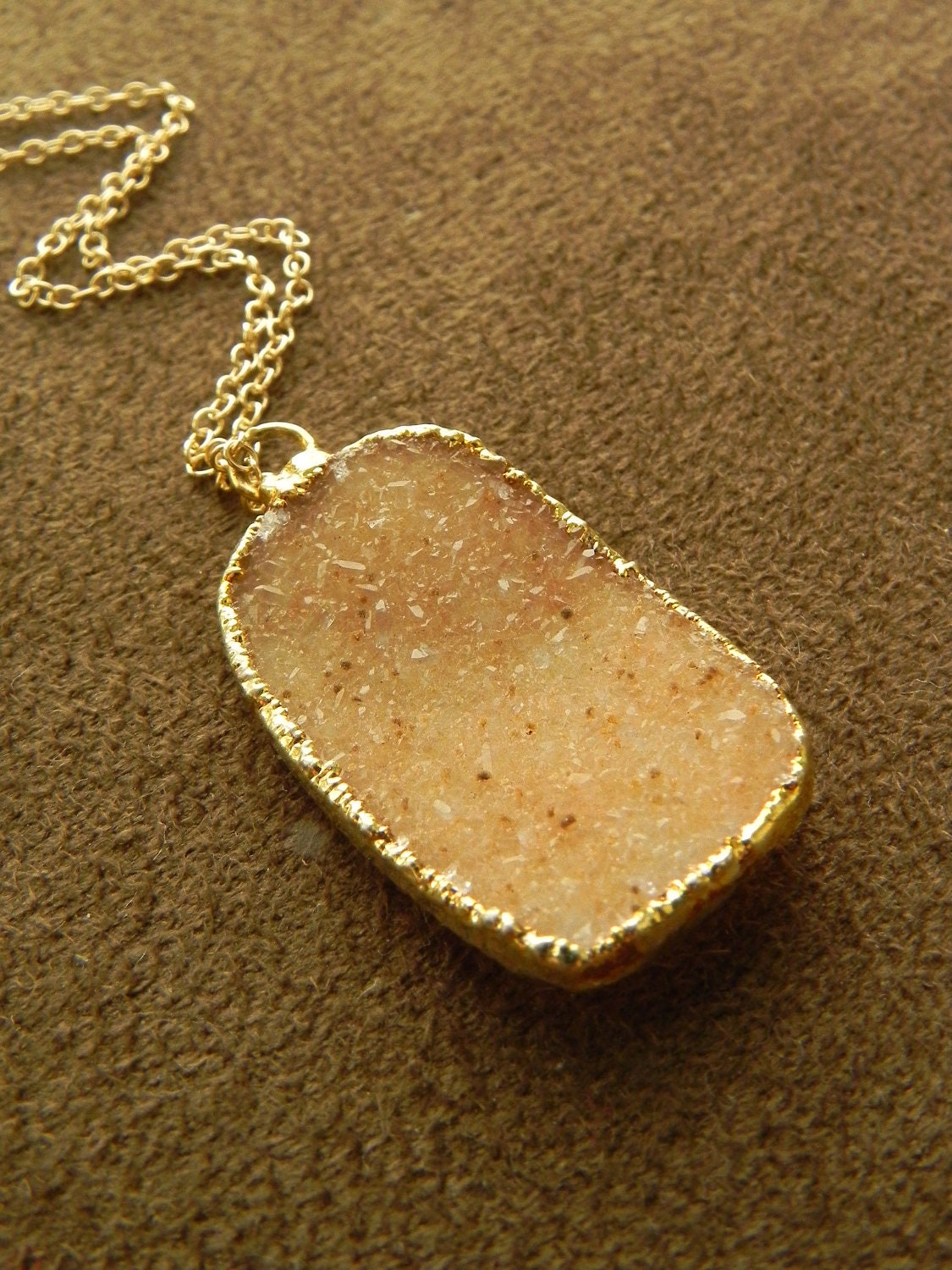 Peach Druzy Brazilian Agate Pendant and Gold FIlled Chain Necklace - Large and Sparkly Rectangle