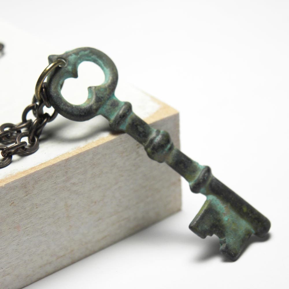 Verdigris Patina Skeleton Key Antique Brass Pendant Necklace