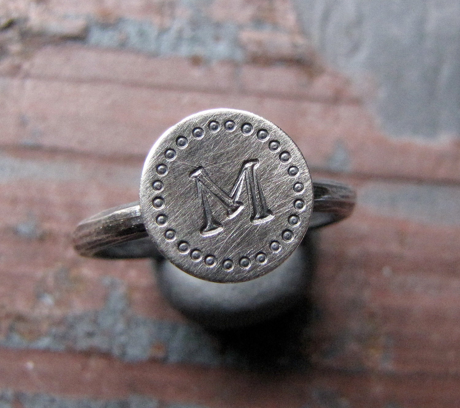 Initial Sterling Silver Ring with handstamped border
