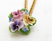 Cottage Flower Necklace Vintage Flower Pin Flower Necklace Rhinestone Chain Bride Necklace Flower Statement Bone China - English Garden