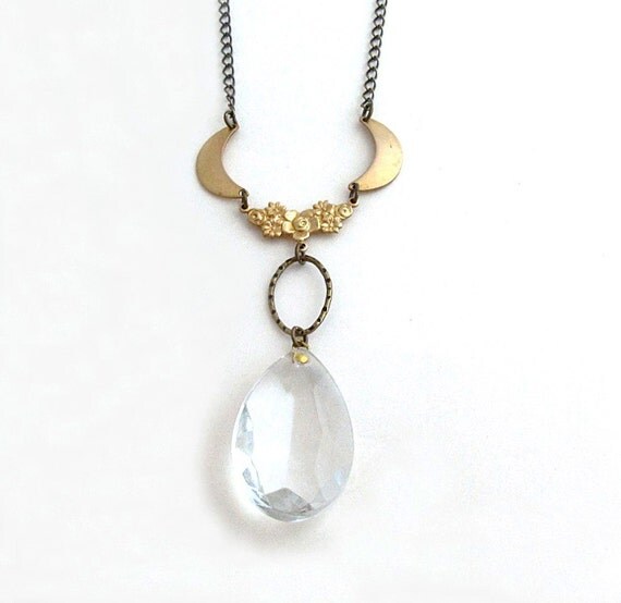 Teardrop Crystal Necklace Gold Geometric Necklace Chandelier Crystal Necklace Crescent Moon Statement Necklace Art Deco Wedding - Arden
