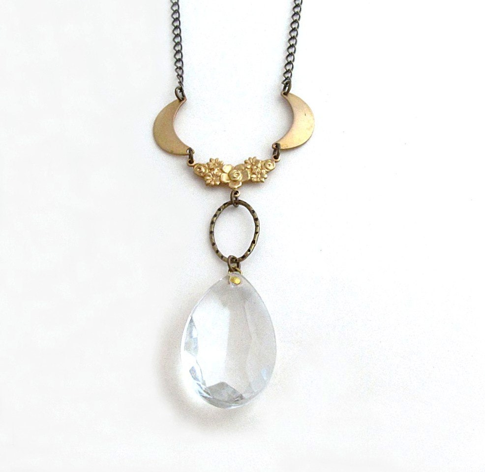 Teardrop Crystal Necklace Gold Geometric Necklace Chandelier Crystal Necklace Crescent Moon Statement Necklace Art Deco Wedding - Arden