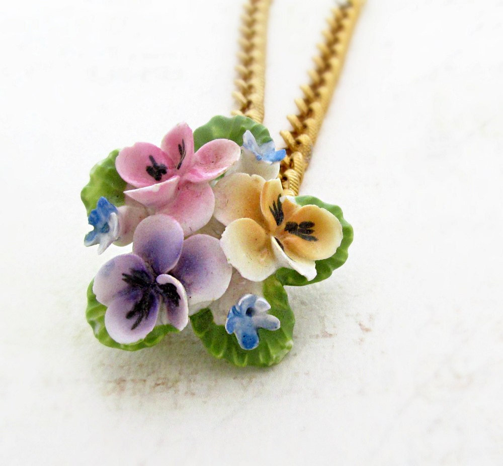 Cottage Flower Necklace Vintage Flower Pin Flower Necklace Rhinestone Chain Bride Necklace Flower Statement Bone China - English Garden
