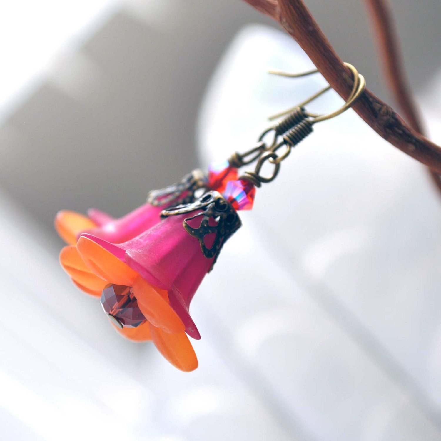 Fuchsia and Orange Lucite Flower Earrings
