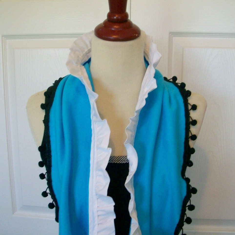Ruffle Scarf in Turquoise with Black Pom Poms and White Ruffle