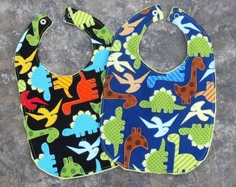 Baby Boy Bibs- Set of 2- Custom Made Designer Bibs- Urban Zoology Dinosaurs with Green Bubble Dot Minky