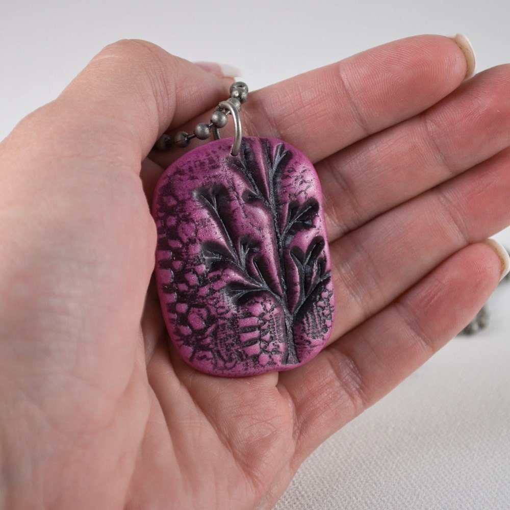 Handcrafted Symbolic Tree Necklace Handmade Colorful Tree Necklace Pink Tree Pendant with Black Lace and Antique Silver Ball Chain