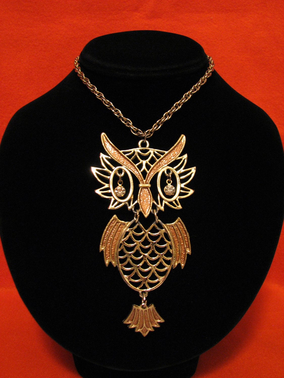 HUGE Vintage Gold Tone and Brown Enameled Owl Medallion Necklace - ditbge