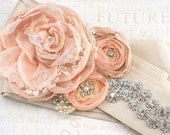Bridal Sash - Wedding Sash in Peach, Nude, Champagne and Ivory with Lace, Chiffon and Crystals