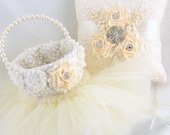 Bridal Ring Bearer Pillow and Flower Girl Basket in Ivory and Cream with Lace, Tulle, Crystal Jewels and Pearls