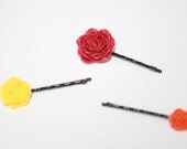 FRUIT PUNCH II - Set of Three - Flower Cabochon Button Bobby Pins in Dark Magenta, Dark Orange and Dark Yellow