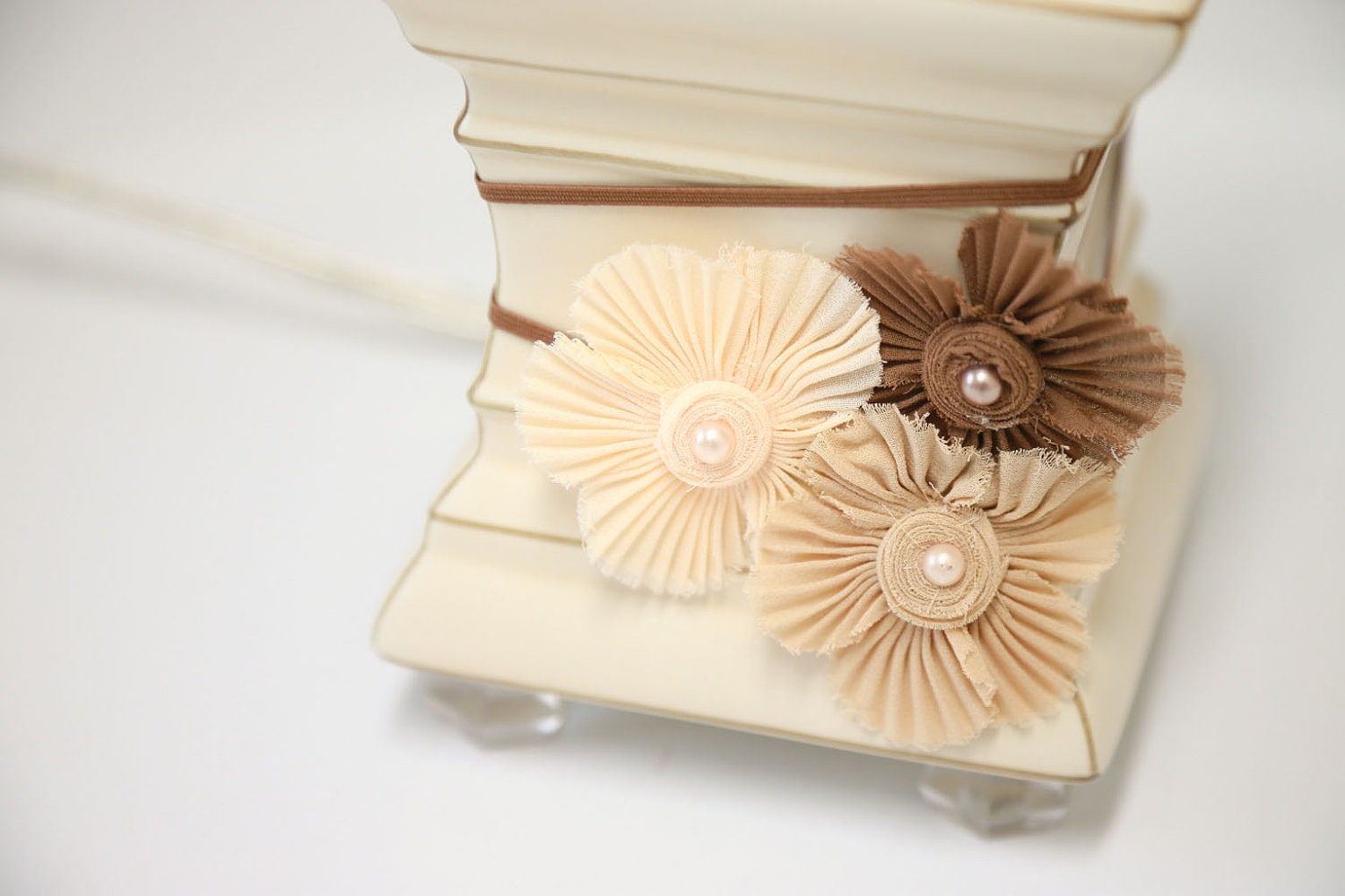 CHOCOLATE FONDUE - Small Ruffled Chiffon Fabric Flower Cluster Headband in Mocha, Nude, and Brown