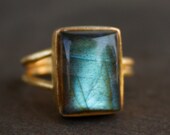 Gold Aqua Green Labradorite Ring - Rectangular Cut - Aurora Borealis, The Northern Lights