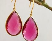 Gold Pink Tourmaline Quartz Earrings - July Birthstone - Ruby Red Earrings